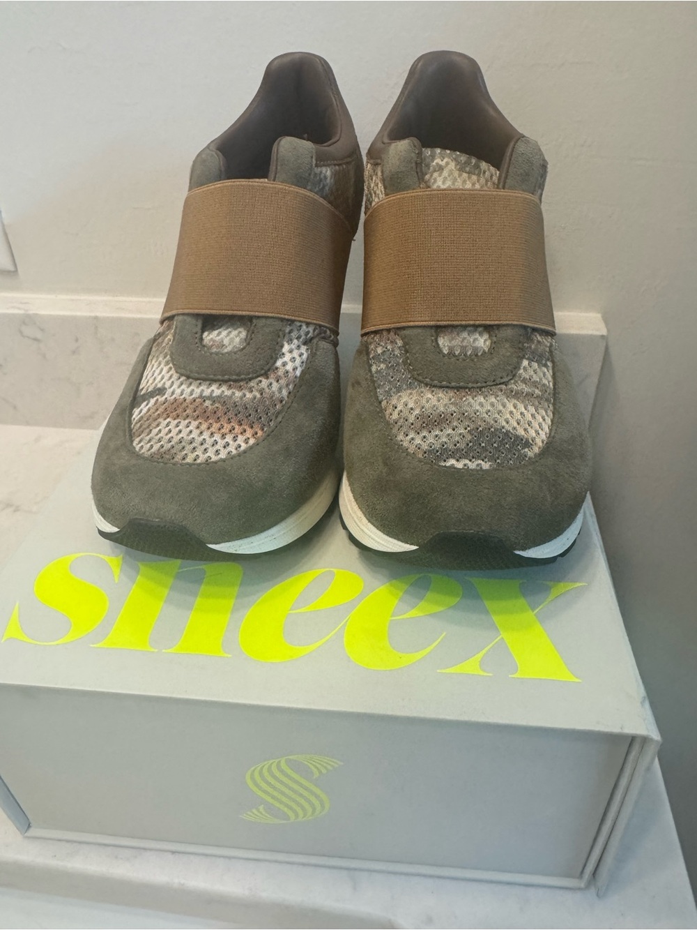 Women’s Olive Green/Camo Slip-On Sneex with Tan Elastic Strap